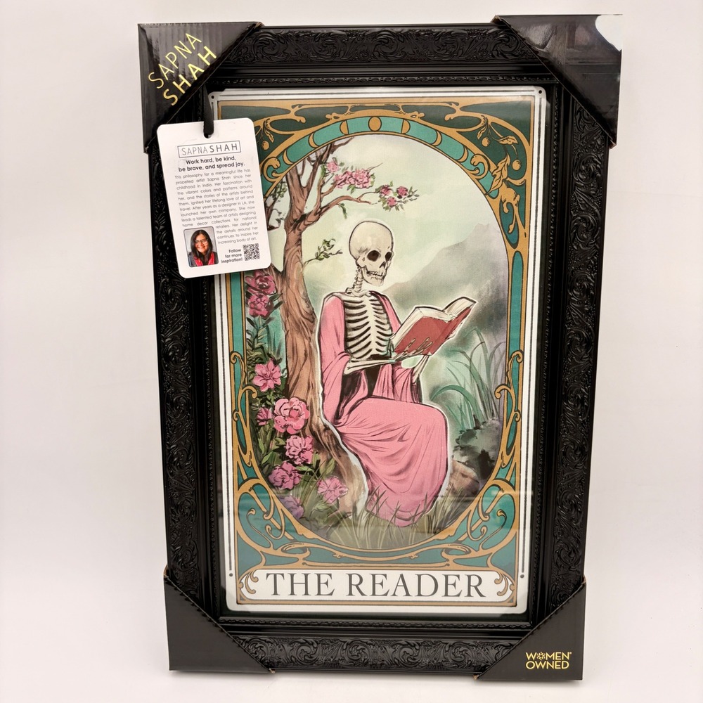 Sapna Shah The‎ Reader Skeleton Tarot Card Framed Wall Art Dark Academia 12x16